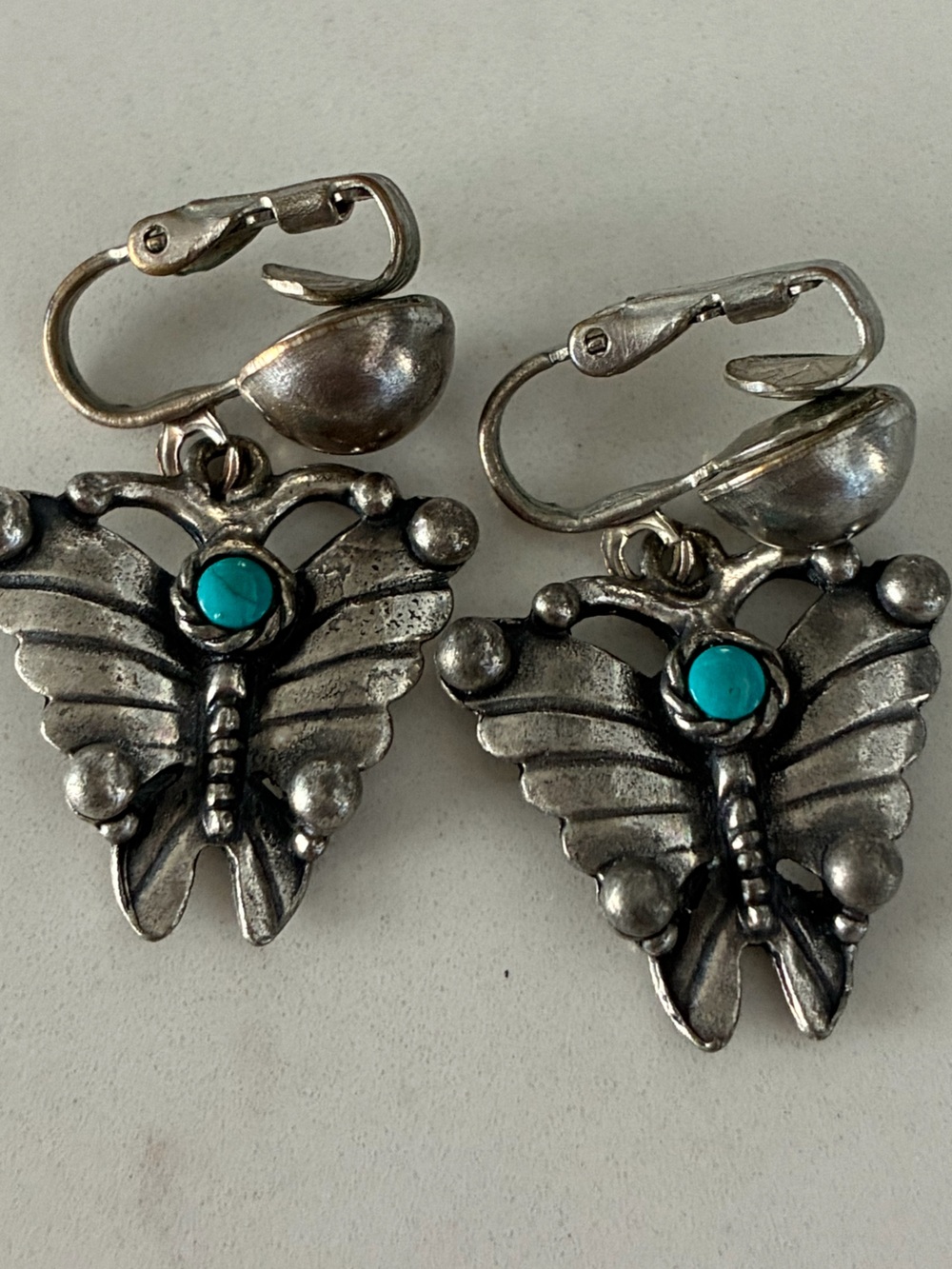Sancrest Faux Turquoise Butterfly Clip On Silver Tone Earrings Harvey Era 1950s
